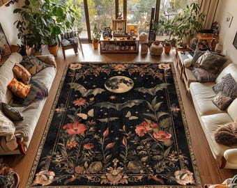 Alfombra de murciélago de Dark Academia, decoración gótica de brujas, alfombra de bosque encantado, alfombra de área Whimsigoth para amantes de los murciélagos, alfombra de estilo cottagecore oscuro y melancólico.