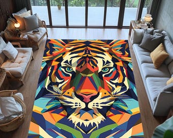 Alfombra geométrica de tigre: lavable, abstracta y colorida