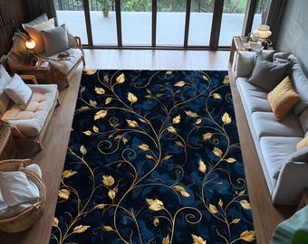 Elegant Navy Blue Printed Rug With Gold Leaf Vine Pattern For Living Room Romantic Classic Area Rug Gift For Stylish And Graceful Interiors
