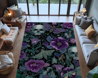 Alfombra gótica con diseño de calavera morada y polilla de la muerte, alfombra floral mística, alfombra oscura de dormitorio de la academia, alfombra lavable, regalo gótico para decoración alternativa del hogar.