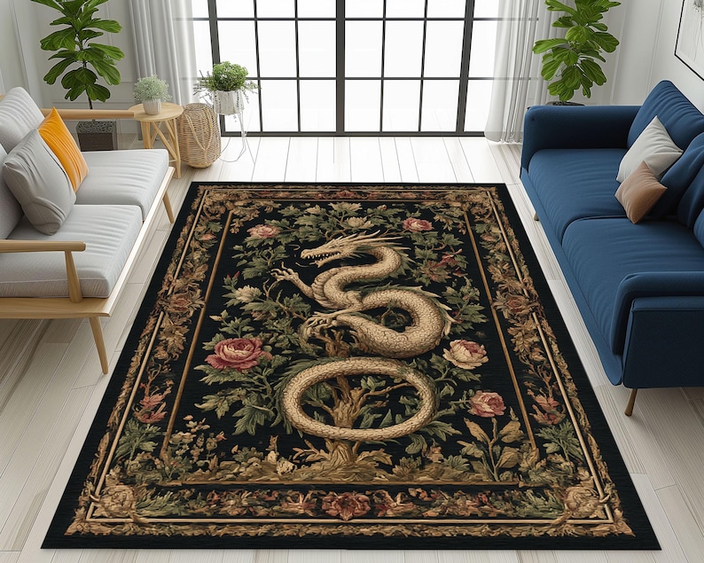 May include: A rectangular black area rug featuring a golden dragon design surrounded by roses and foliage. The rug has a detailed border with floral patterns. The dragon is the central focus, with its body forming a circular shape.