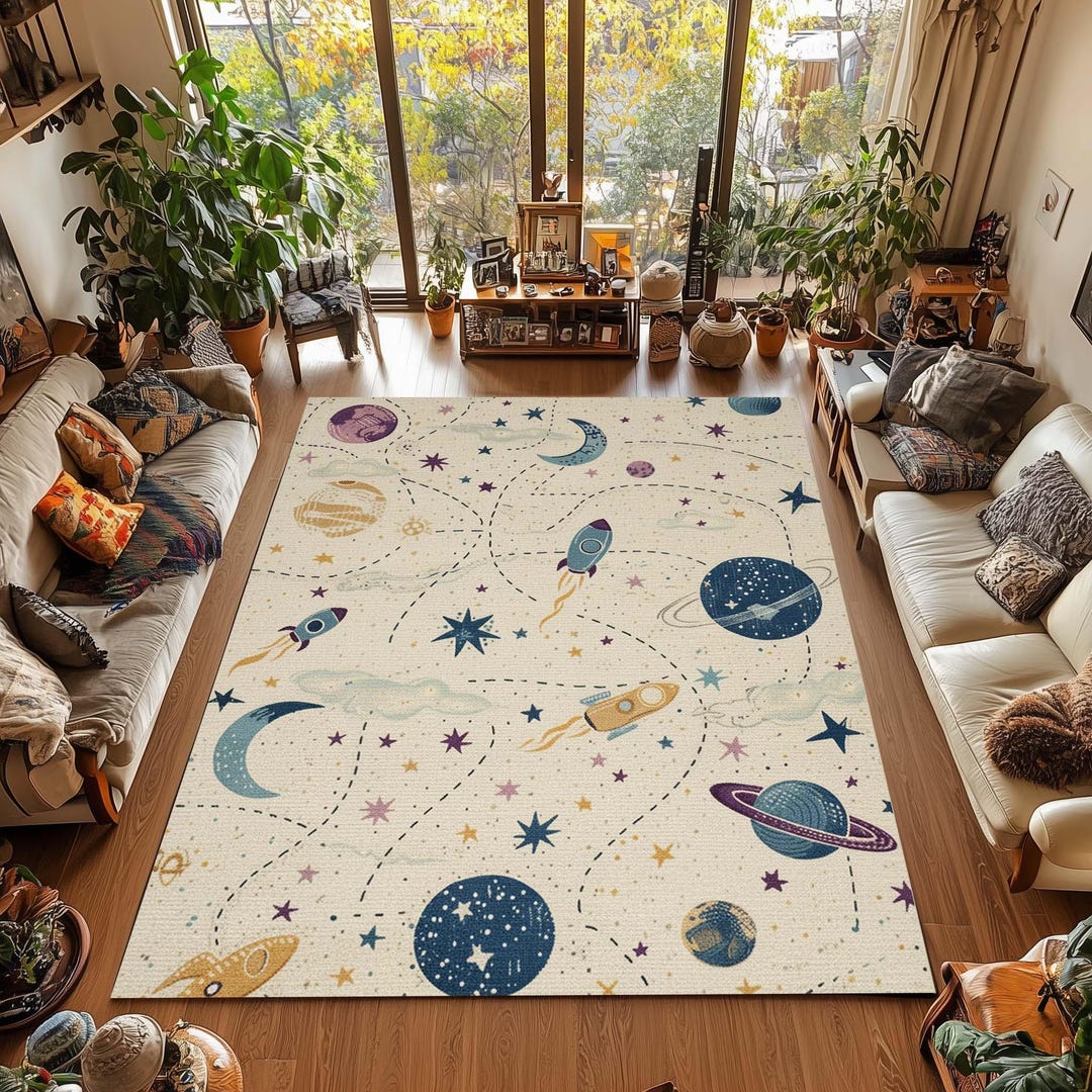 Space Themed Kids Rug: Galaxy Map With Rockets, Planets, Stars - Etsy