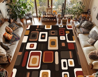 Retro Geometric Rug: Washable Mid-Century Modern Abstract Carpet