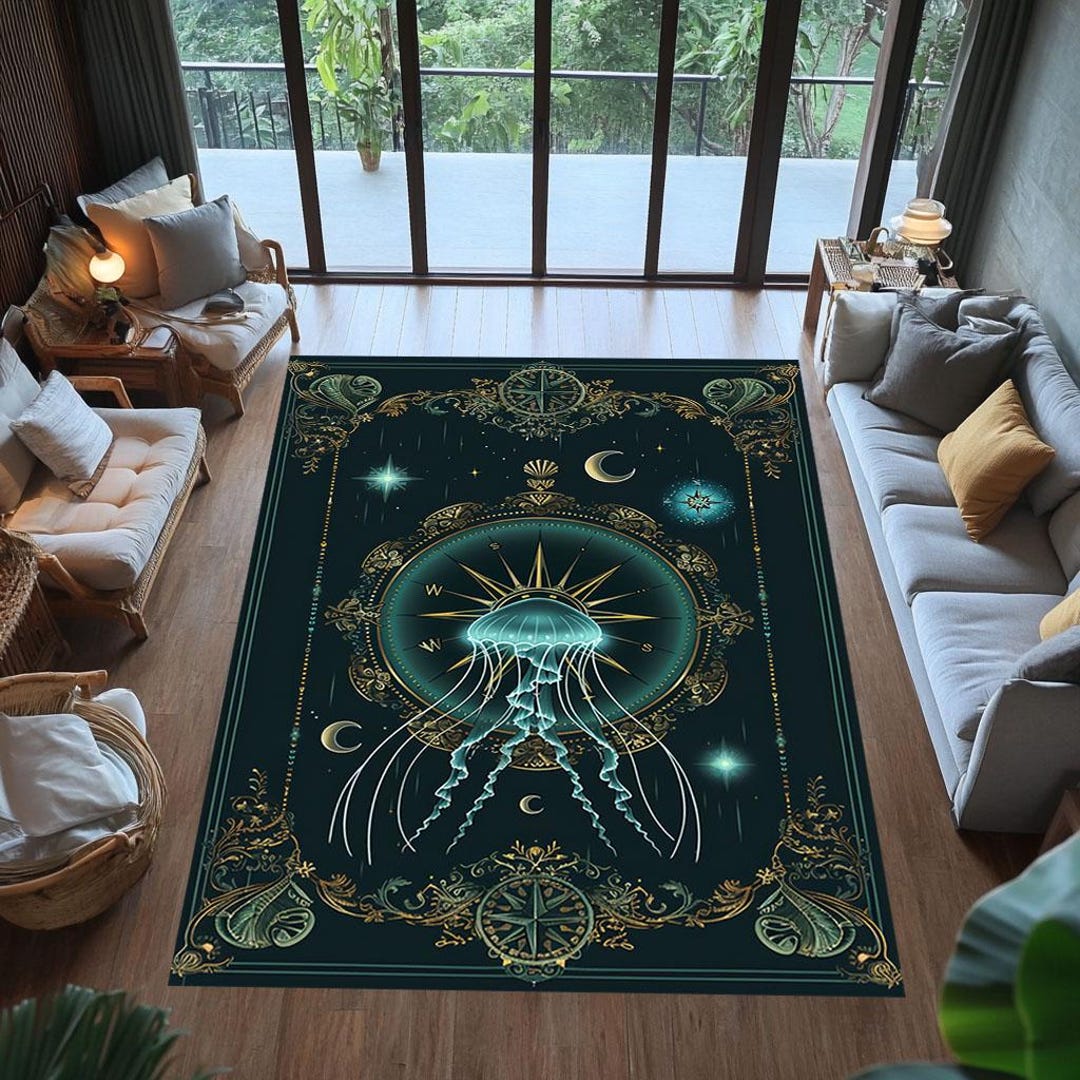 Jellyfish Compass Rug: Cosmic Nautical Design, Washable Accent Carpet ...