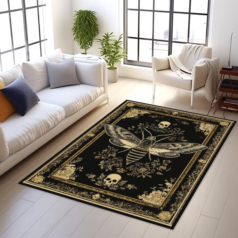 Death Moth Rug, Gothic Skull and Floral Carpet, Occult Mystical ...
