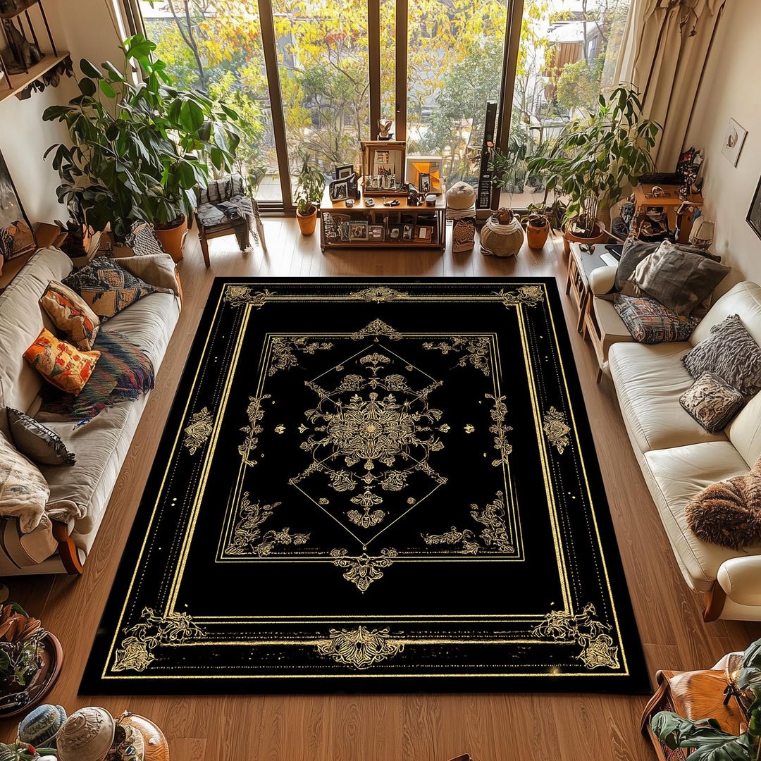Round Baroque Rug Black and Gold Baroque Rug, Spider Web Design, Washable Luxury Carpet ...