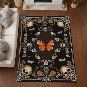 Gotisch monarchvlindertapijt met cirkelvormig ontwerp met schedel en been in donkere Witchcore-stijl, wasbaar antislipoppervlak voor slaapkamerdecoratie
