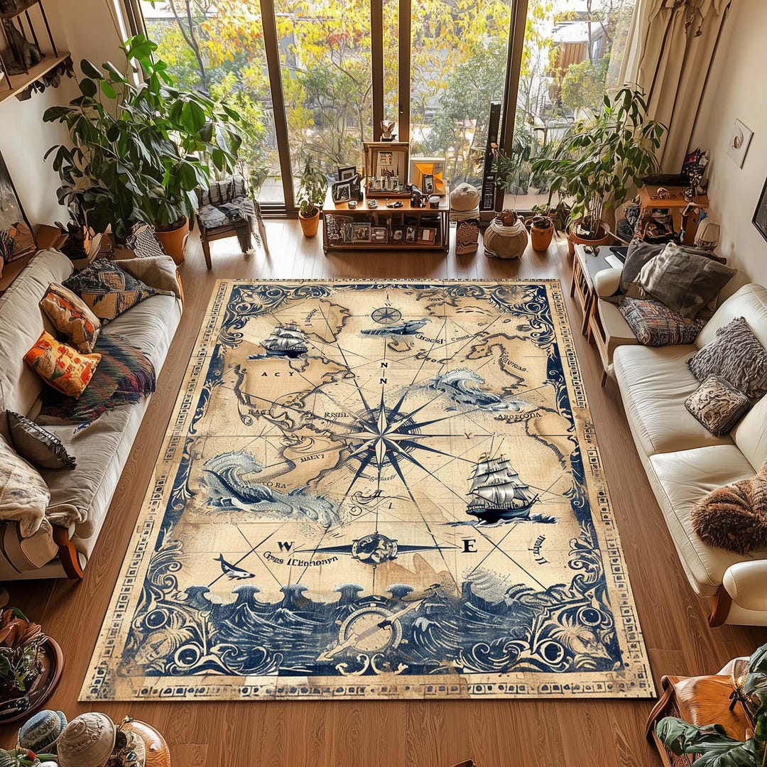 Fairpoint Sea Rug Nautical Vintage Sea Map Rug With Compass Rose, Ships & Sea Creatures ...