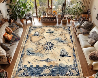 Nautical Vintage Sea Map Rug with Compass Rose, Ships & Sea Creatures – Marine Style Carpet for Coastal Decor
