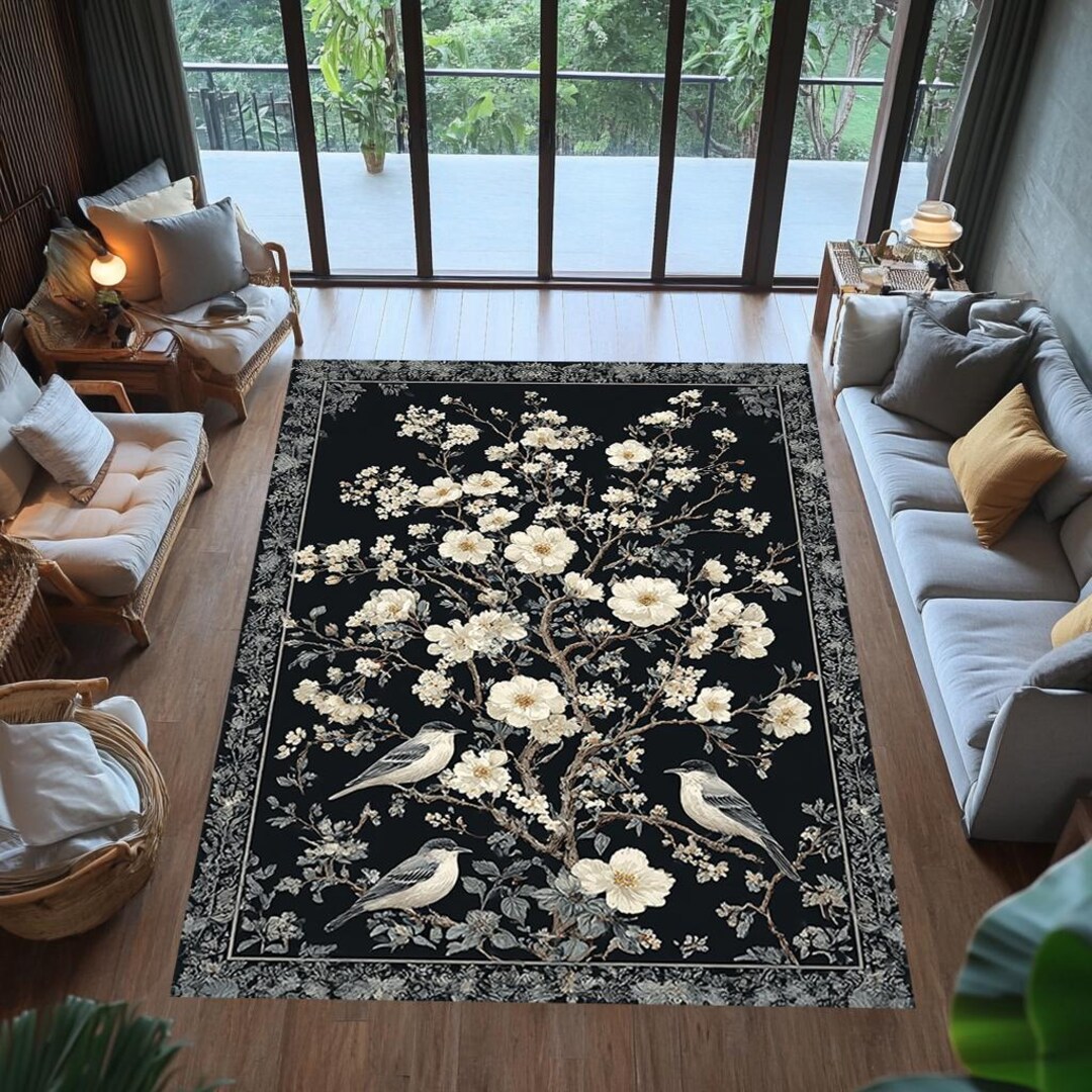 White Blossom Bird Area Rug, Dark Botanical Floral Rug, Black ...