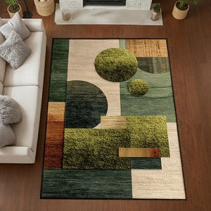 Könnte beinhalten: Ein rechteckiger Teppich mit geometrischem Design. Er zeigt grüne, beige und braune Formen, darunter Kreise und Rechtecke. Der Teppich liegt auf einem Holzboden, im Hintergrund ist ein weißes Sofa zu sehen. Modernes Design.