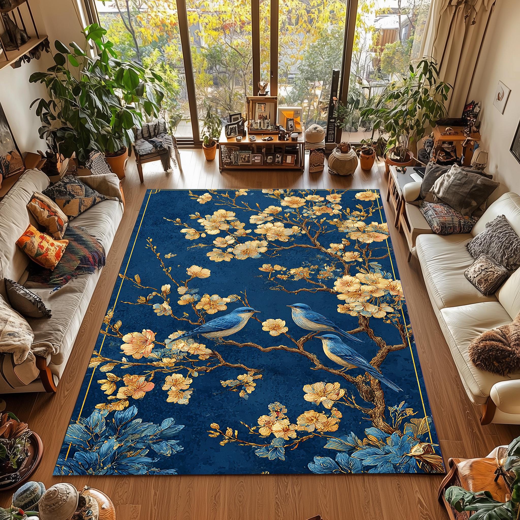 Navy Blue Chinoiserie Bird Rug – Floral Blossom Area Rug