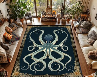 Octopus Area Rug: Gothic Nautical Sea Creature, Washable Carpet