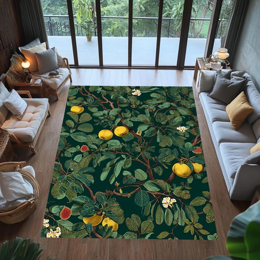 Quince Rugs Quince Botanical Area Rug, Dark Green Fruit Illustration Design ...