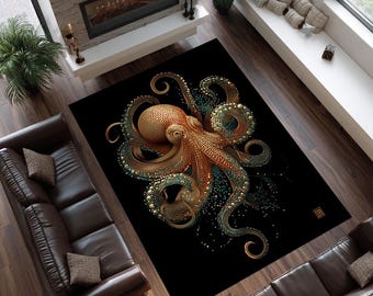 Octopus Rug – Golden Tentacle Nautical Carpet, Deep-Sea Fantasy Decor