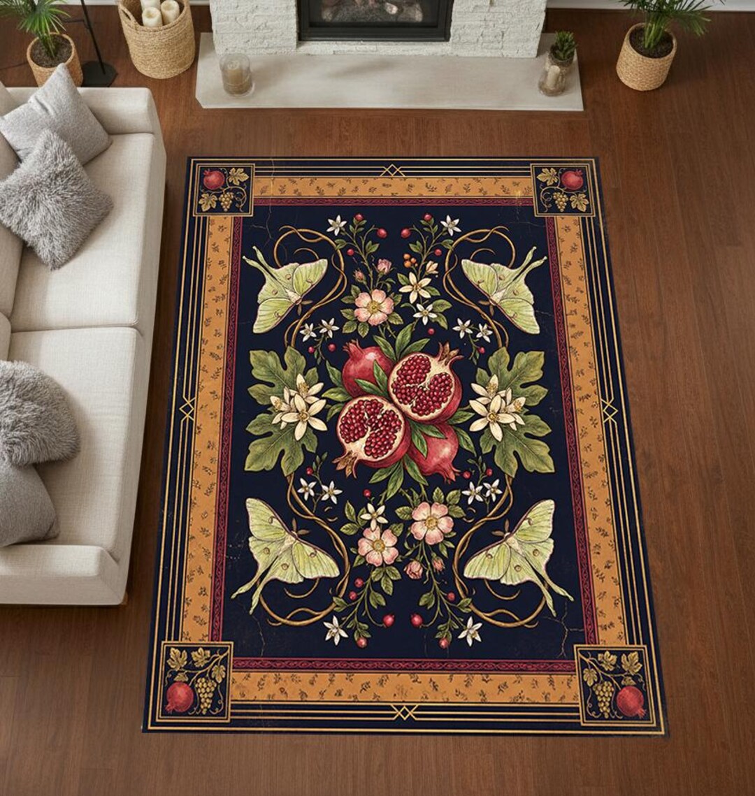 Translucent Lace Rugs Botanical Pomegranate Rug – Dark Elegant Carpet With Fruit, Flowers ...