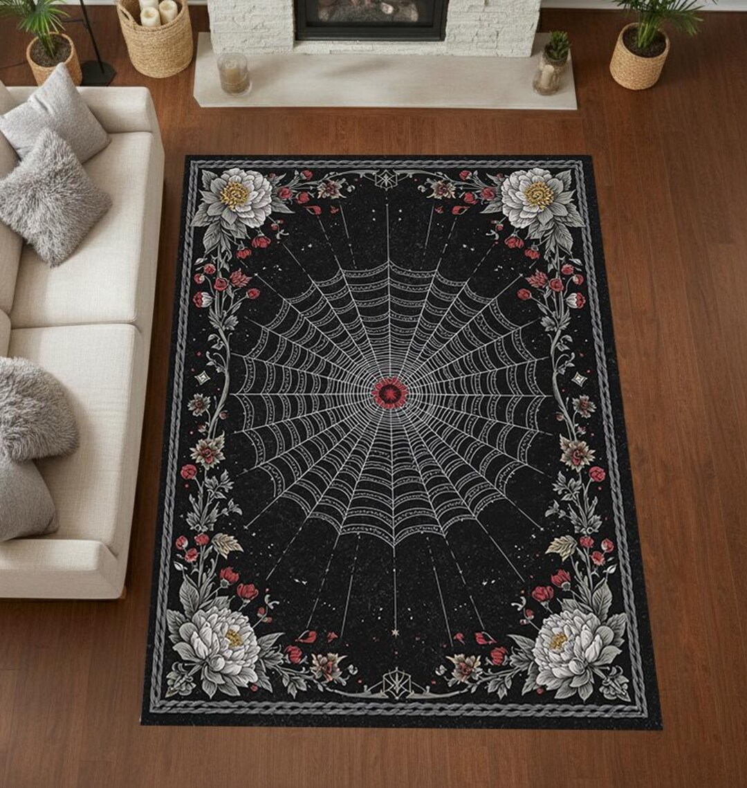 Spider Wed Rug Gothic Spider Web Rug With White Peony and Red Rose Floral Border in ...
