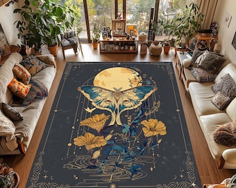 Alfombra de polilla mística: diseño floral gótico celestial - Decoración lavable de brujas
