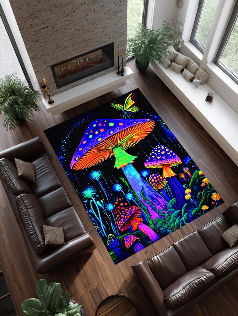Dywan z psychodelicznym grzybem: neonowy, psychodeliczny wystrój boho zdjęcie 2
