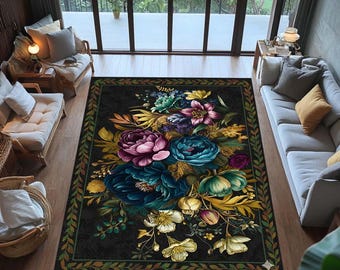 Gothic Rose Area Rug: Medieval Damask Non-Slip Carpet