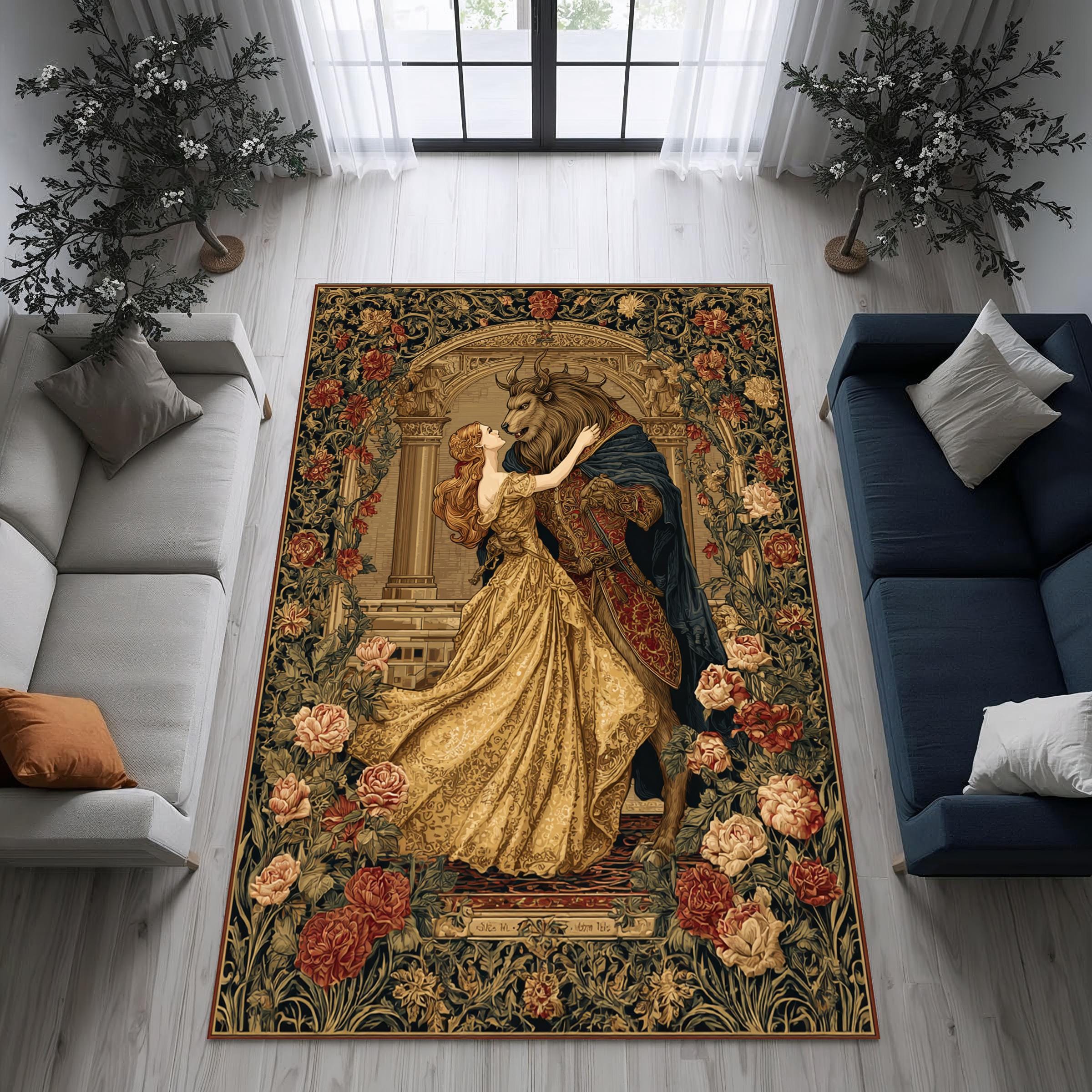 Beauty and the Beast Tapestry Area Rug, Gothic Romance Carpet, Vintage ...