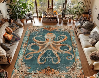 Octopus Nautical Rug: Turquoise & Orange Marine Style Carpet