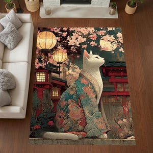 Puede incluir: Alfombra decorativa con un gato blanco con kimono floral, sobre un fondo de faroles japoneses, flores de cerezo y arquitectura tradicional. La alfombra tiene un dise&ntilde;o art&iacute;stico detallado con una luna llena en el fondo.