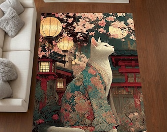 Japanese Kimono Cat Printed Rug Sakura Blossom Night Scene Asian Art Style Floor Decor for Cat Lovers Oriental Accent Carpet