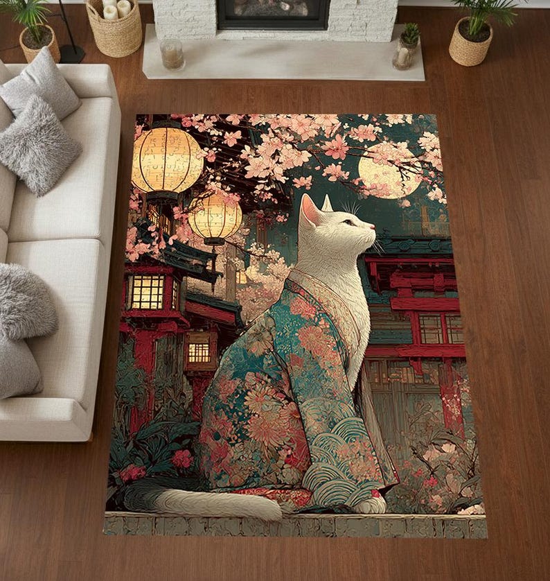 Puede incluir: Alfombra decorativa con un gato blanco con kimono floral, sobre un fondo de faroles japoneses, flores de cerezo y arquitectura tradicional. La alfombra tiene un dise&ntilde;o art&iacute;stico detallado con una luna llena en el fondo.