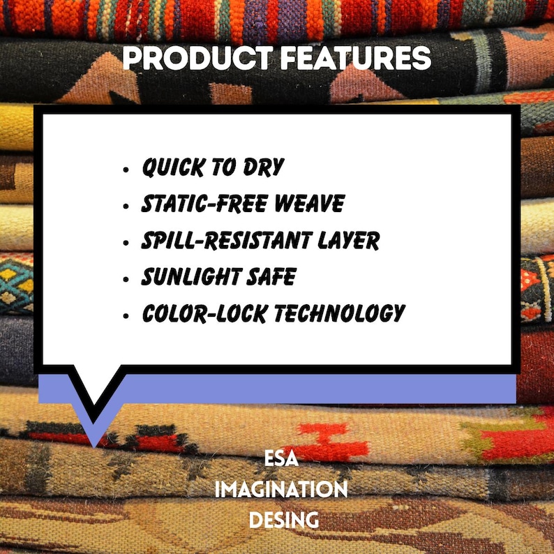 May include: A stack of colorful textiles with the text "PRODUCT FEATURES." The features listed are quick to dry, static-free weave, spill-resistant layer, sunlight safe, and color-lock technology. The brand name "ESA IMAGINATION DESING" is also visible.