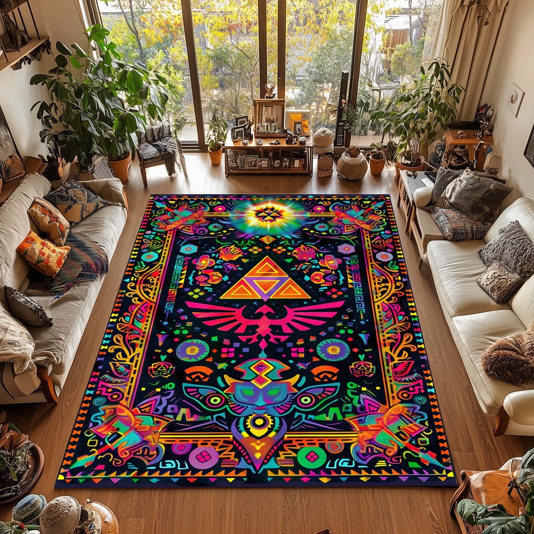Noce Pixel Rug Triforce Gamer Rug, Neon Geometric Psychedelic Carpet, Washable Area ...