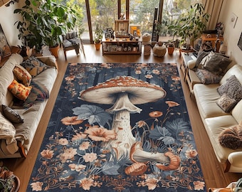 Mushroom Forest Rug: Vintage Botanical Fairycore Cottagecore Carpet