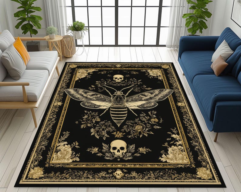 Death Moth Rug, Gothic Skull and Floral Carpet, Occult Mystical ...