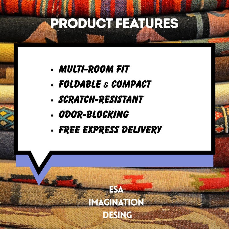 May include: Image showcasing product features: multi-room fit, foldable & compact, scratch-resistant, odor-blocking. The text also mentions free express delivery. The product is from ESA Imagination Desing.