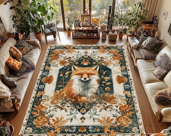 Vintage Fox Rug: Ornate Floral Frame, Rustic Cottagecore Carpet