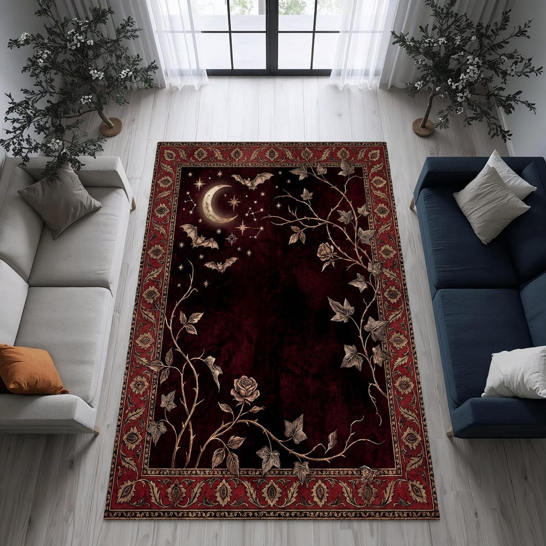 Vampire Rug Textures Burgundy Gothic Moon & Bat Area Rug, Romantic Vampire Bedroom Carpet ...