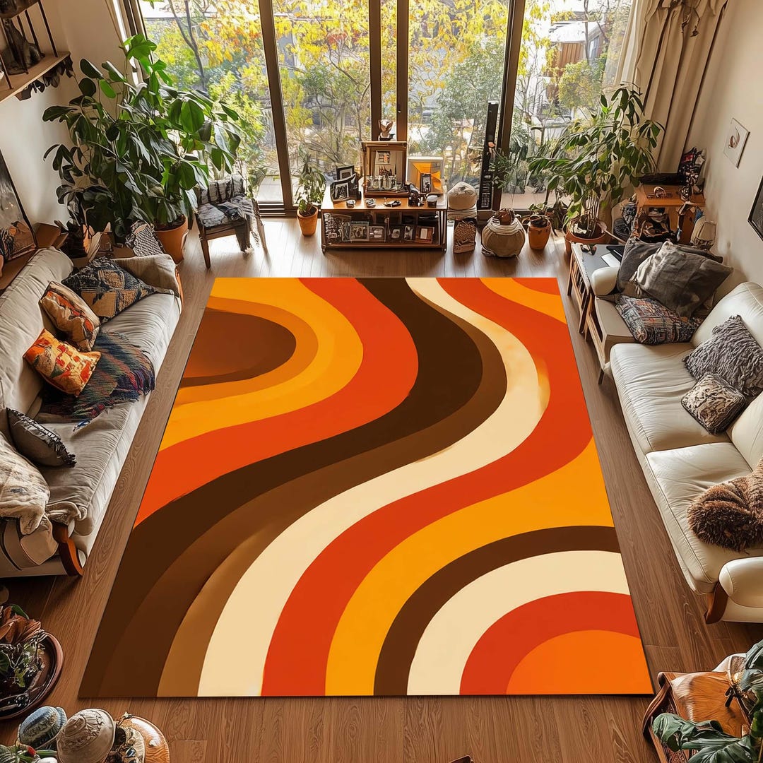Orange Groovy 70s Rug: Psychedelic Geometric Tangerine, Washable Non ...