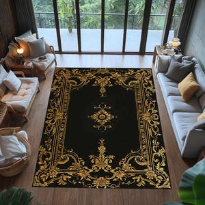 Luxury Black and Gold Baroque Rug: Elegant Ornamental Carpet