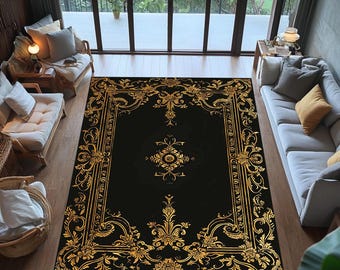 Alfombra barroca de lujo negra y dorada: elegante alfombra ornamental