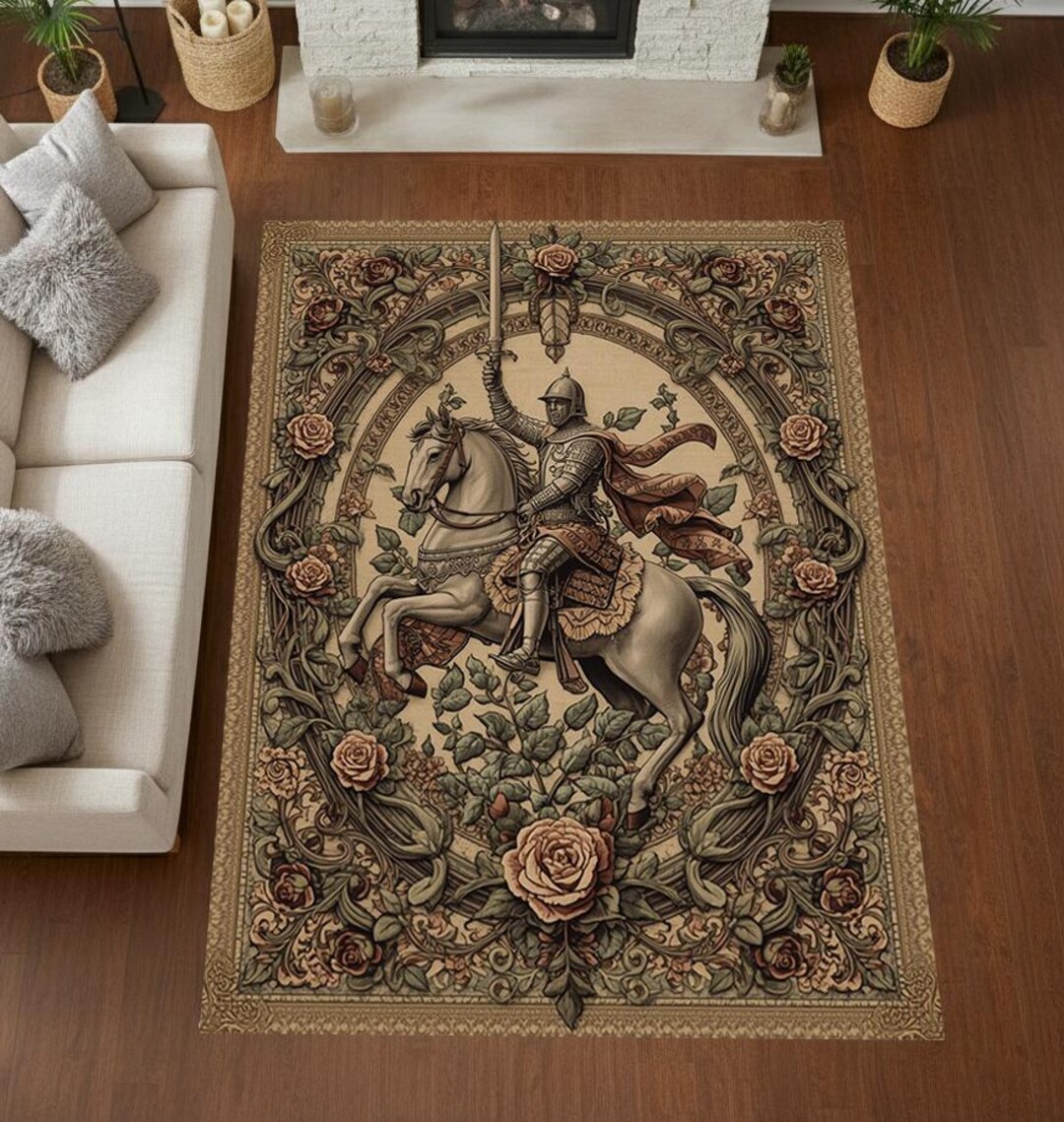 Medieval Knight Rose Rug Vintage Tapestry Style Washable Non Slip Area ...