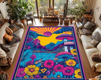 Psychedelic Mushroom Printed Rug: Colorful Fantasy Forest Design