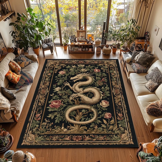 Vintage Dragon Tapestry Rug – Gothic Medieval Carpet with Baroque Floral Design, Dark Fantasy Gothic Decor, Alternative Home Accent