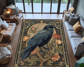 Alfombra Cuervo Gótico – Cuervo Rojo Oscuro, Tapiz Floral de Bruja