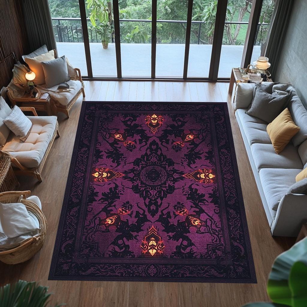 Rectangular Rug Emblem Ancient Sacred Sigil Rug With Mythic Winged Emblem and Botanical ...