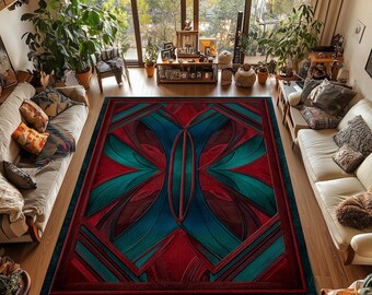 Art Deco Geometric Area Rug: Red & Blue Abstract Washable Carpet