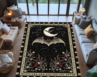 Witchy Gothic Rug, Mystical Night Bat and Moon Carpet, Celestial Spirit Room Accent Decor