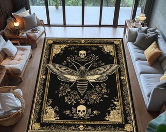 Death Moth Rug, Gothic Skull and Floral Carpet, Occult Mystical Washable Area Rug, Dark Academia Witchy Decor for Living Room