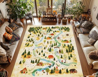 Whimsical Kids Map Carpet with Forest, Animals & Cabins – Colorful Printed Rug for Nursery or Playroom