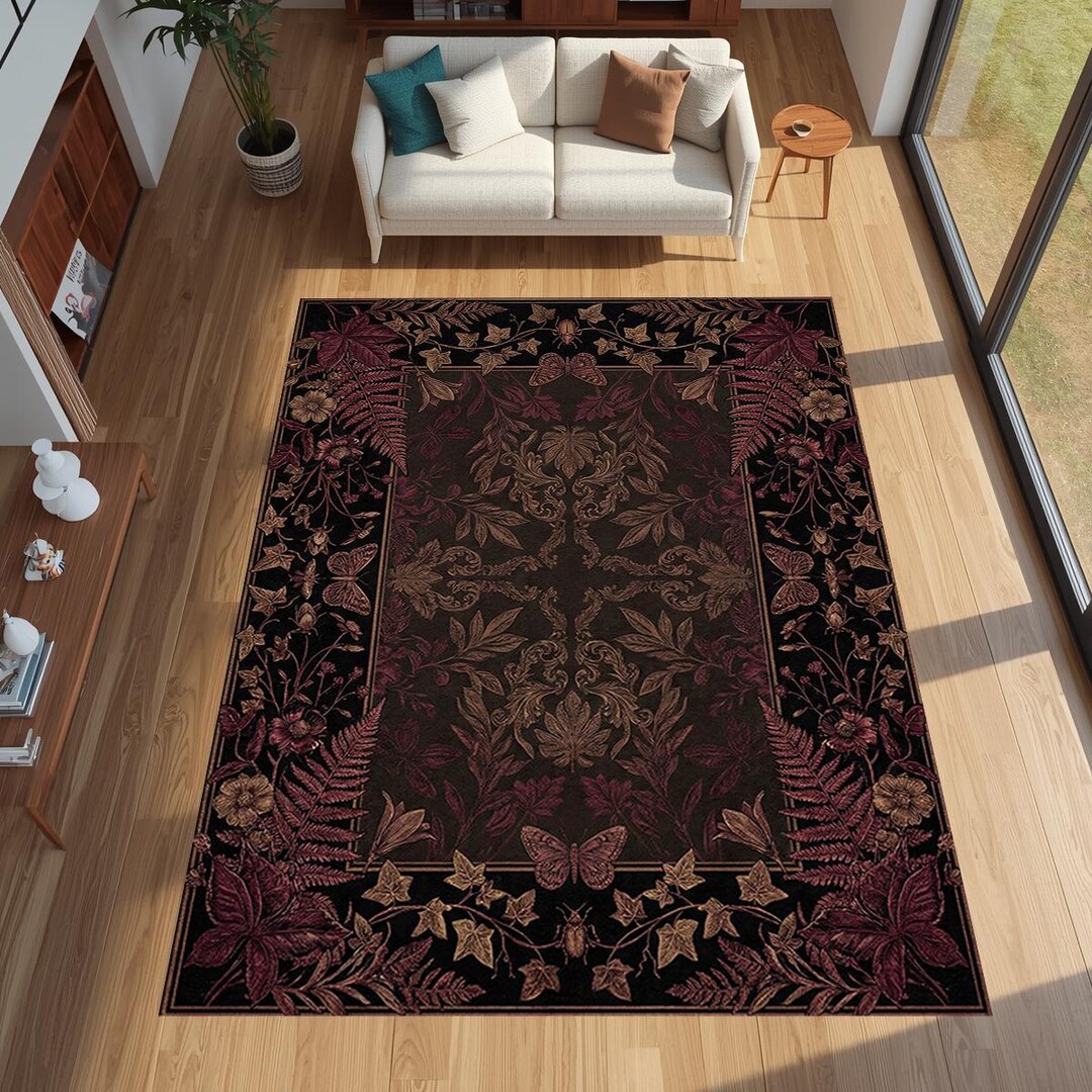 Gothic Botanical Area Rug With Ferns and Butterflies, Burgundy Dark ...