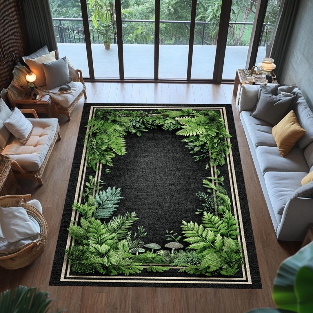 Dark Botanical Forest Area Rug, Moss Green Nature Carpet With Ferns ...